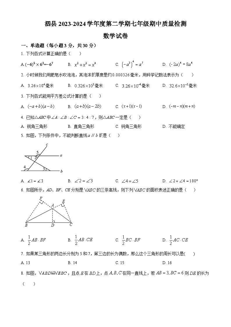 安徽省宿州市泗县2023-2024学年七年级下学期期中数学试题第1页