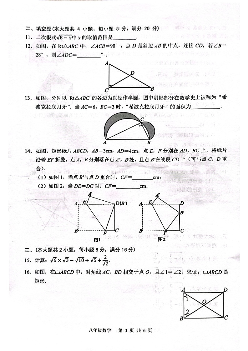 【八下RJ数学】安徽省合肥市庐江县2024-2025学年八年级下学期4月期中数学试题第3页