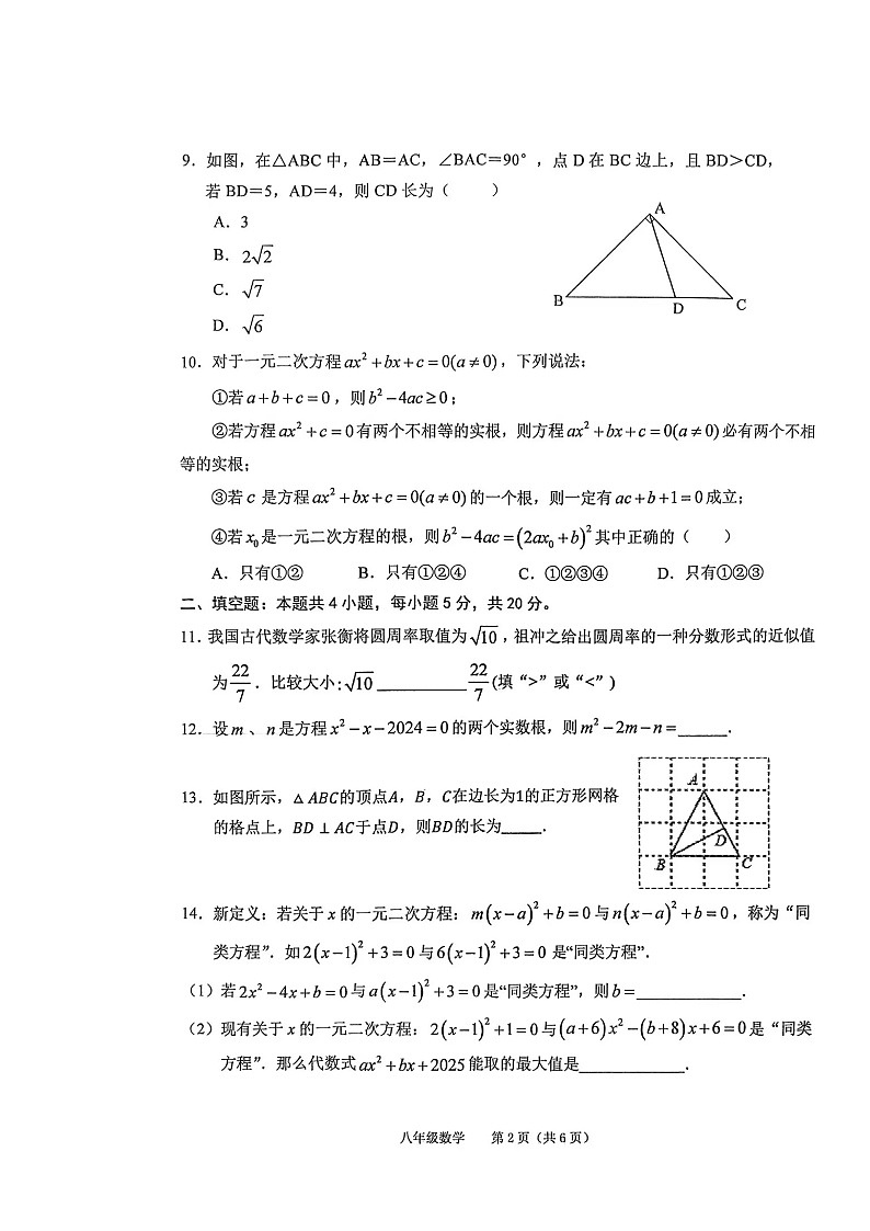 安徽省池州市2024-2025学年八年级下学期数学期中试卷第2页