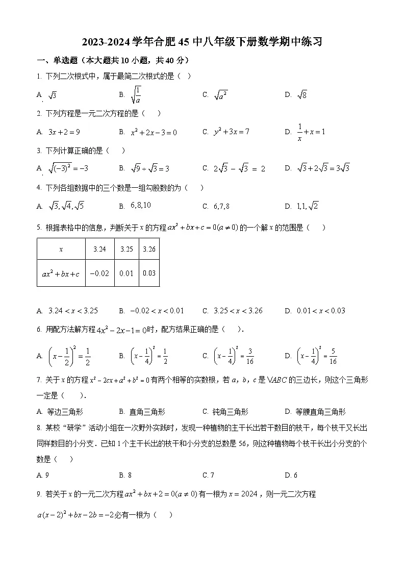 安徽省合肥市庐阳区合肥市第四十五中学2023-2024学年八年级下学期期中数学试题第1页