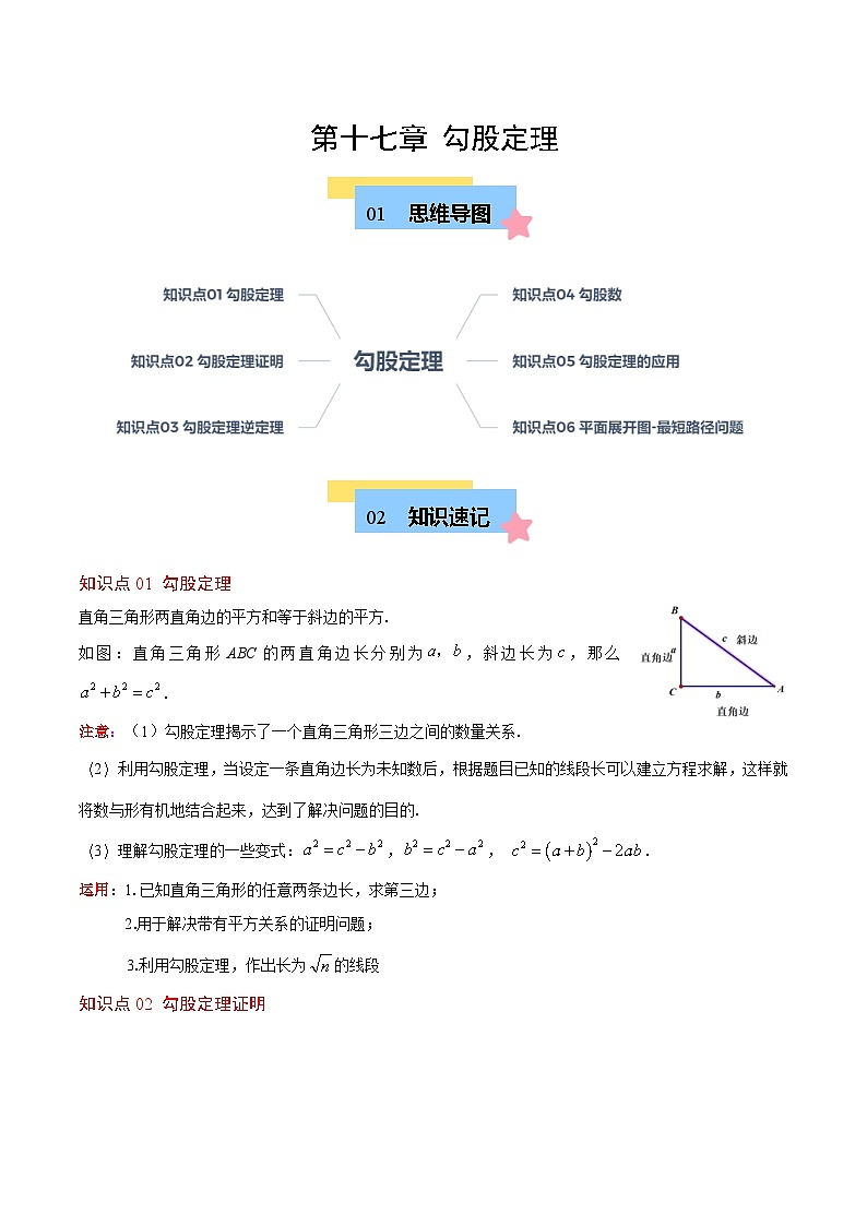 人教版2025年八年级数学下册章节重点梳理 第17章 勾股定理（6个知识点+10类题型突破）第1页