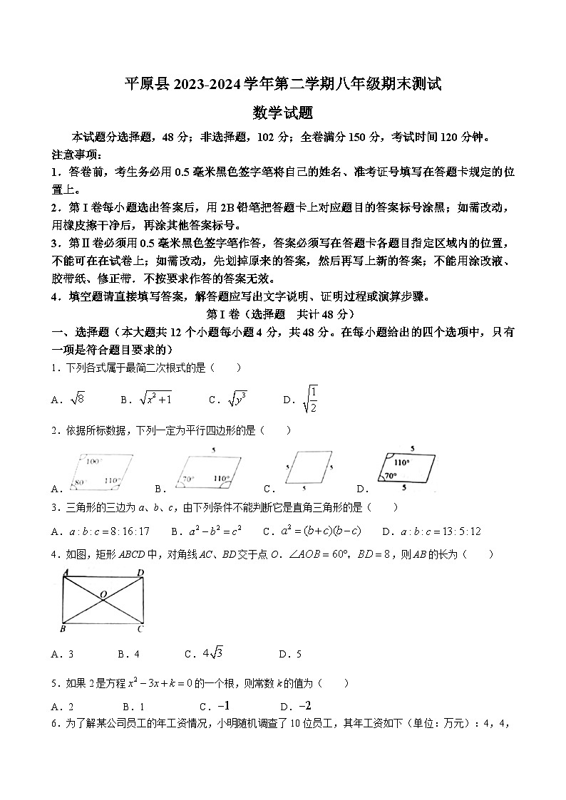 山东省德州市平原县2023-2024学年八年级下学期期末考试数学试卷(含答案)第1页