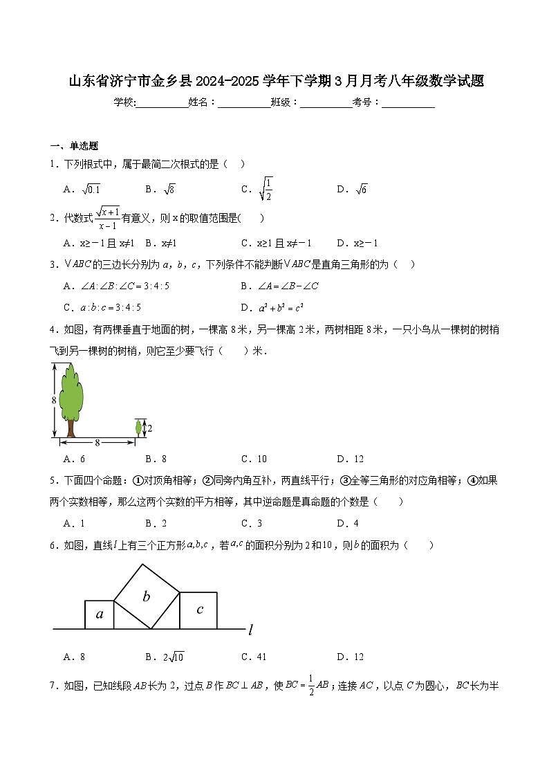 山东省济宁市金乡县2024-2025学年八年级下学期3月月考数学试卷(含解析)第1页