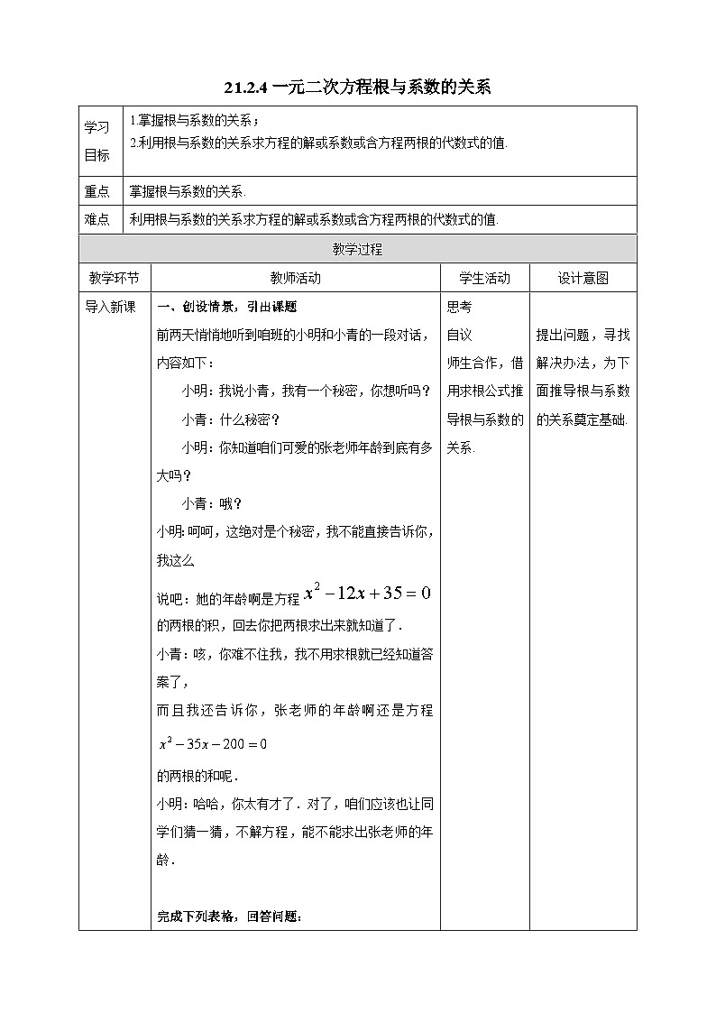 21.2.4 一元二次方程的根与系数的关系 人教版初中数学九年级上册教案第1页
