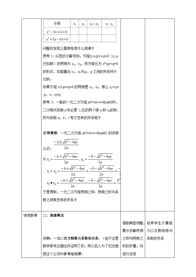 21.2.4 一元二次方程的根与系数的关系 人教版初中数学九年级上册教案第2页