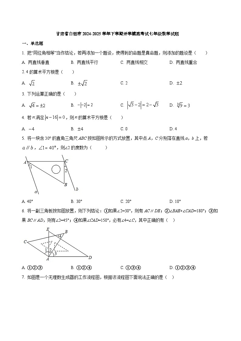 甘肃省白银市2024-2025学年七年级下学期开学摸底考试数学试卷(含答案)第1页