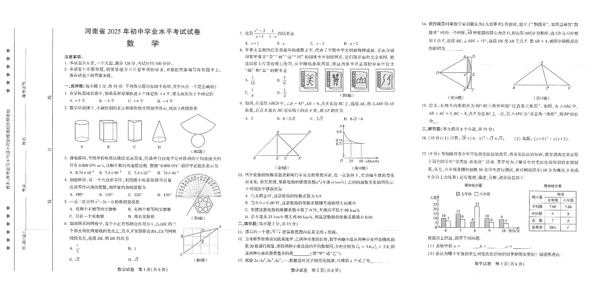 河南省2025 年初中学业水平考试试卷 数学第1页