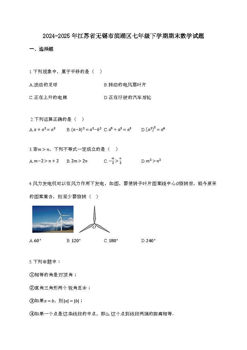 2024-2025年 江苏省无锡市滨湖区七年 级下学期期末数学试卷第1页