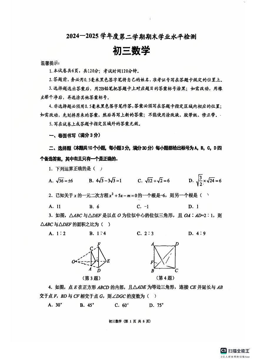 山东省烟台市莱阳市2024-2025学年下学期期末学业水平检测九年级数学试题第1页