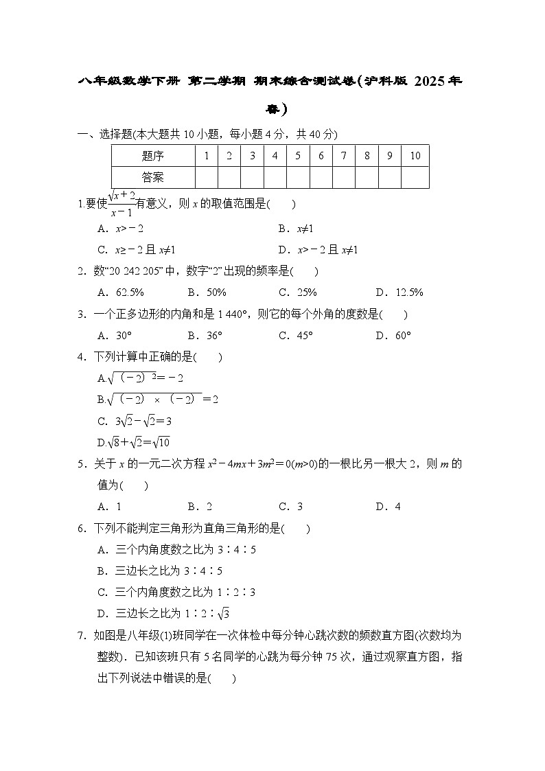 八年级数学下册 第二学期 期末综合测试卷（沪科版 2025年春）(一)第1页