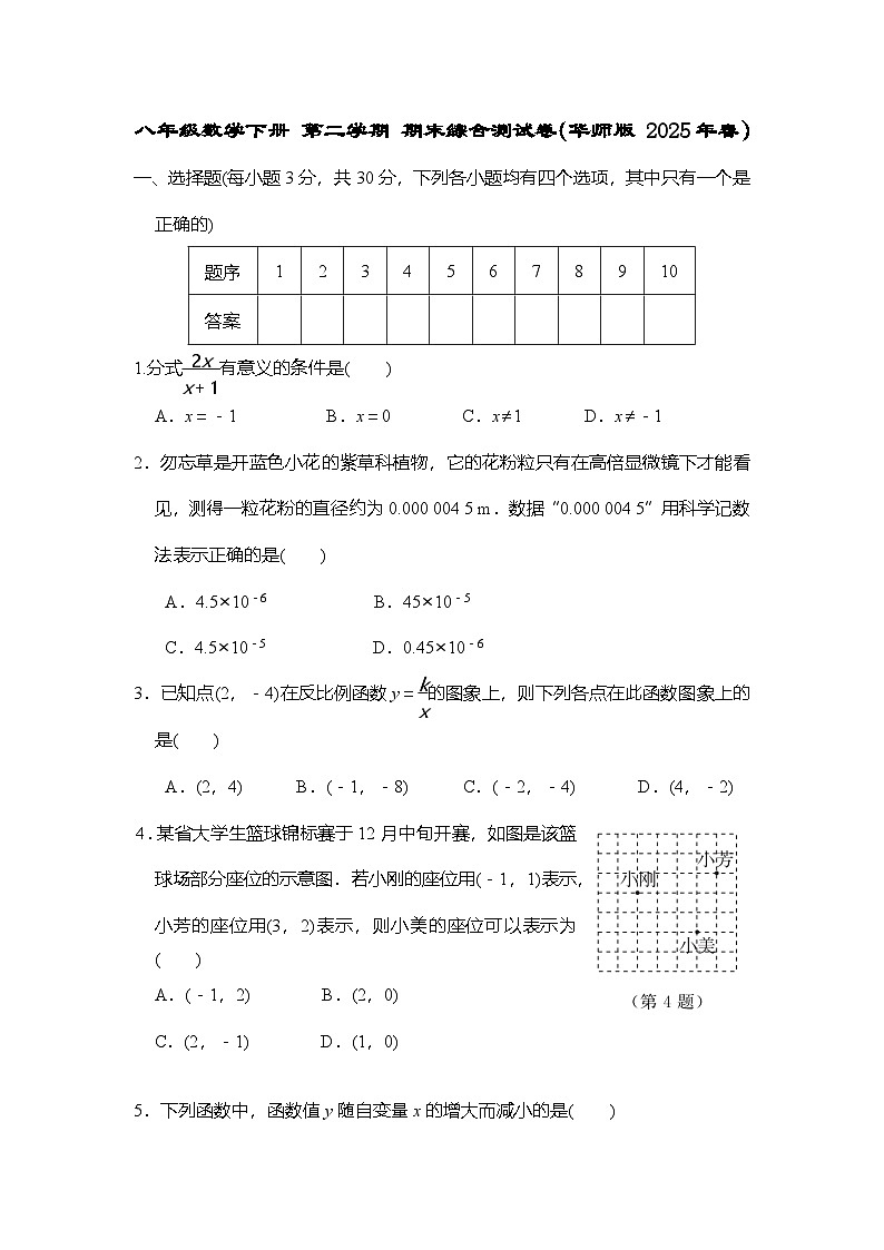 八年级数学下册 第二学期 期末综合测试卷（华师版 2025年春）第1页