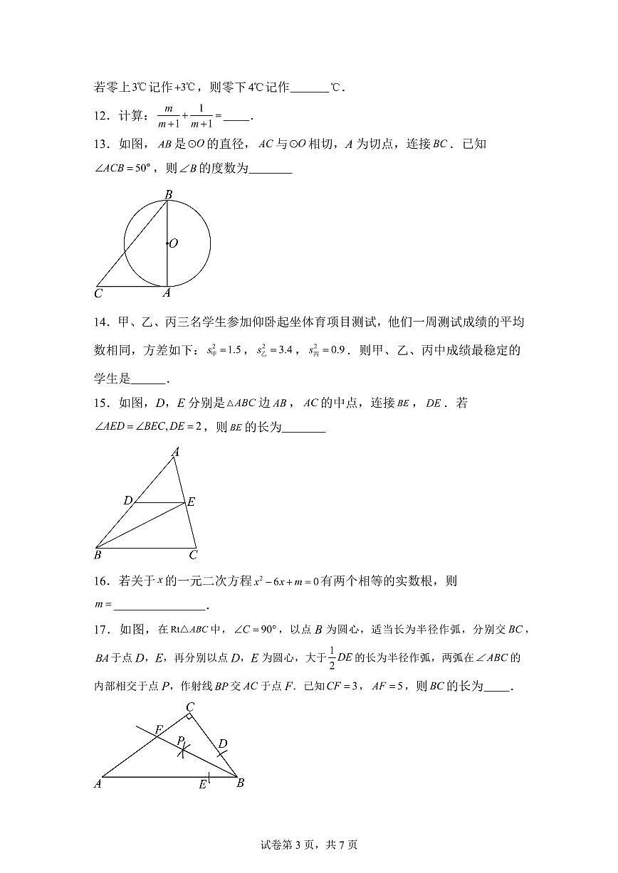 湖南省永州市道县2024~2025学年九年级下学期期中考试数学试题[附答案]第3页
