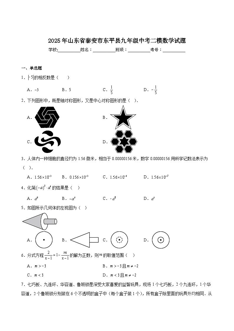 山东省泰安市东平县（五四制）2025届九年级下学期中考二模数学试卷(含解析)第1页