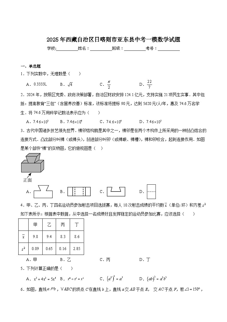 西藏自治区日喀则市亚东县2025届九年级下学期中考一模数学试卷(答案不全）第1页