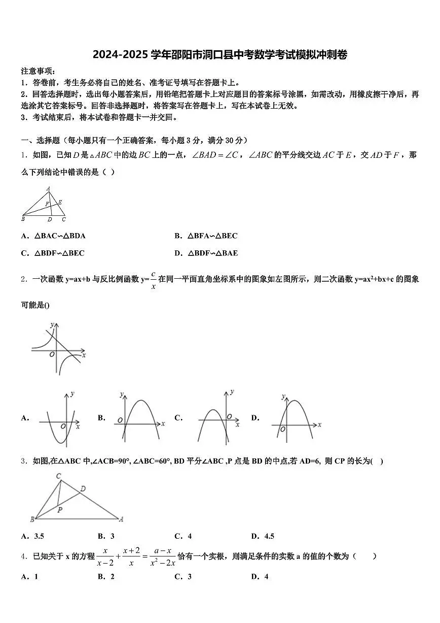 2024-2025学年邵阳市洞口县中考数学考试模拟冲刺卷含解析第1页