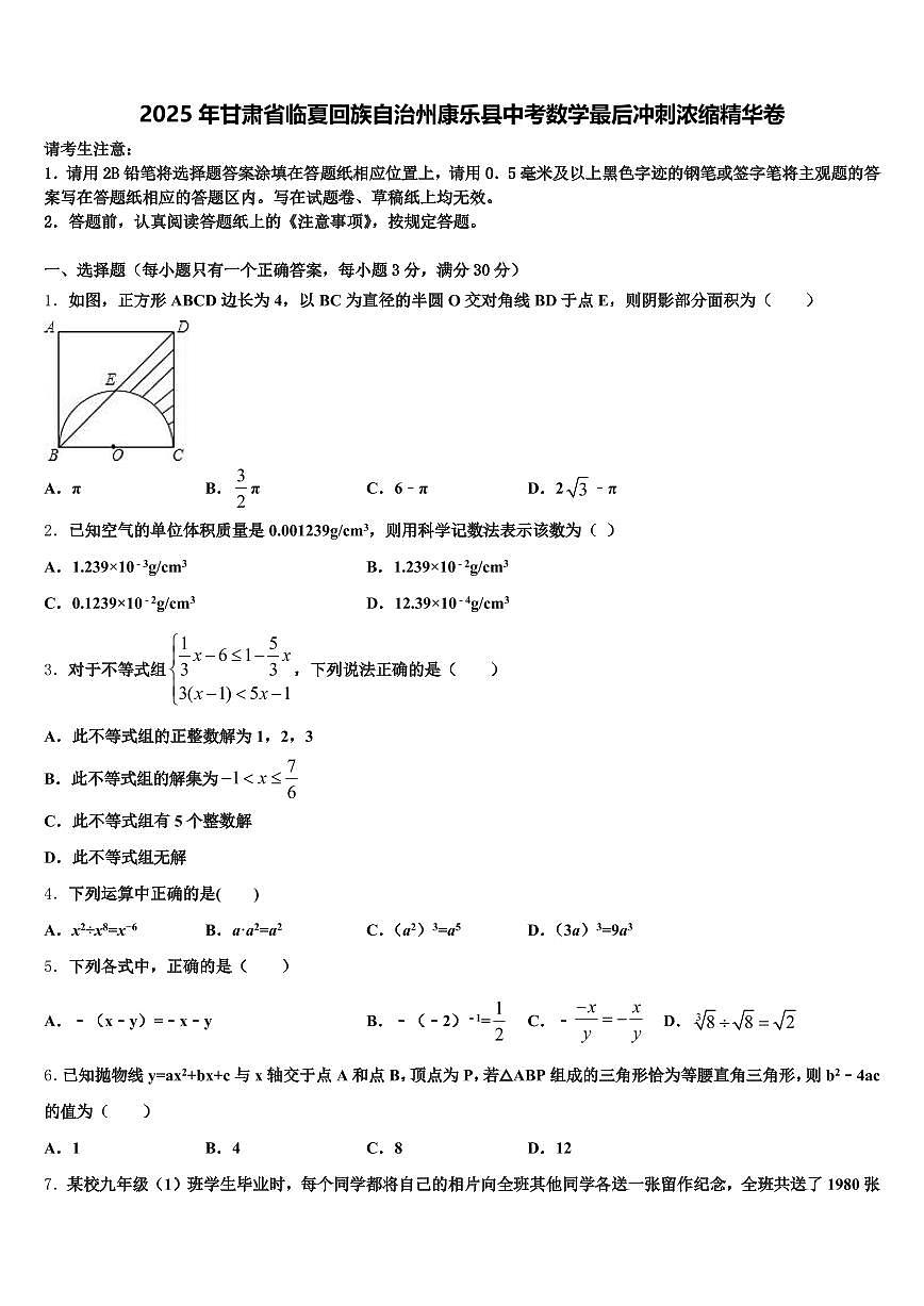 2025年甘肃省临夏回族自治州康乐县中考数学最后冲刺浓缩精华卷含解析第1页