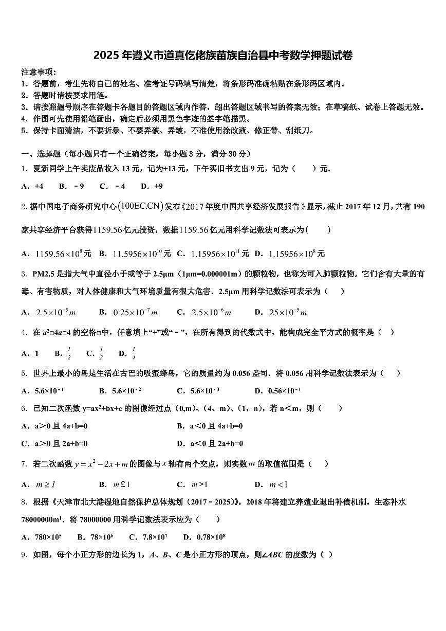 2025年遵义市道真仡佬族苗族自治县中考数学押题试卷含解析第1页