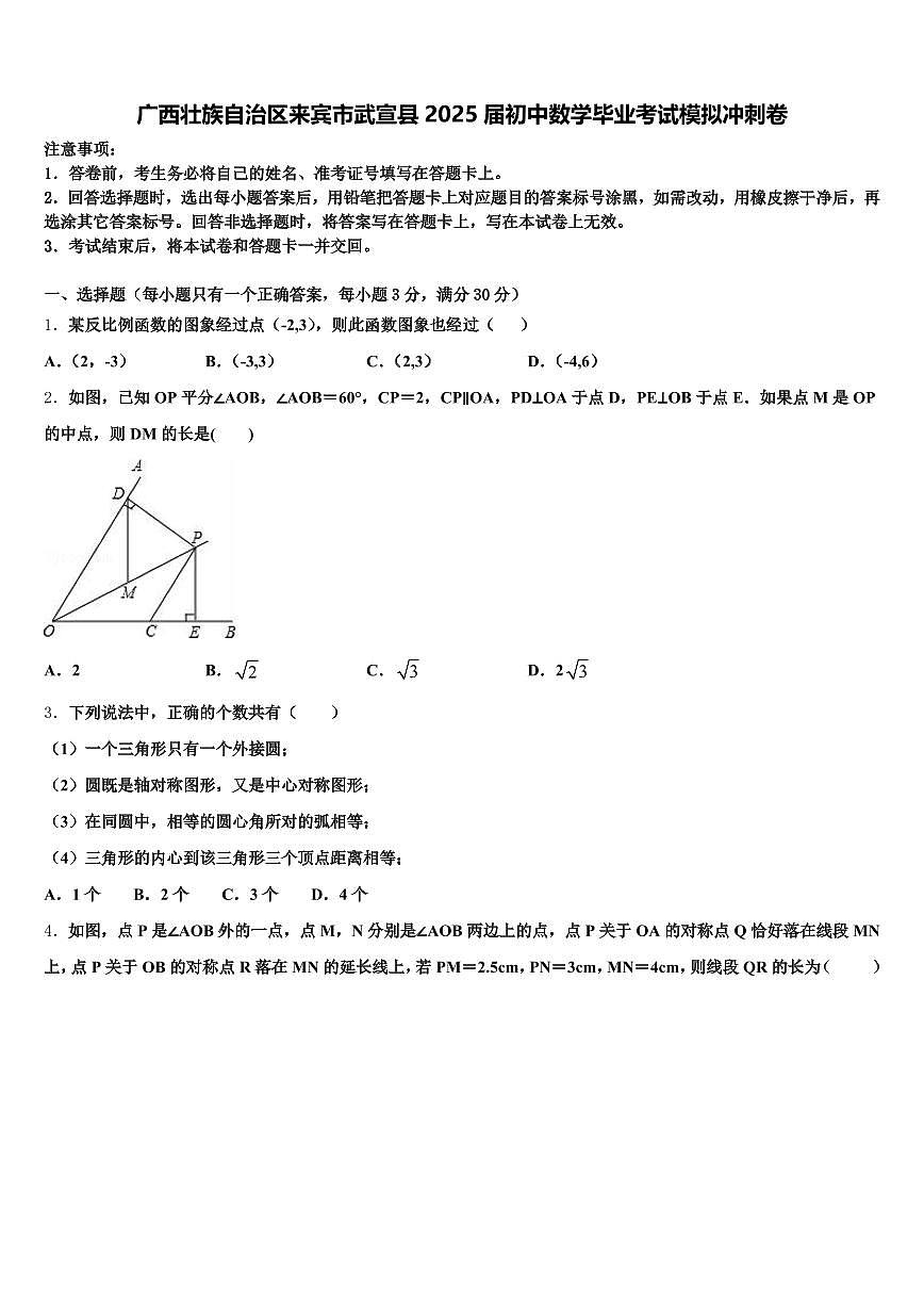 广西壮族自治区来宾市武宣县2025届初中数学毕业考试模拟冲刺卷含解析第1页
