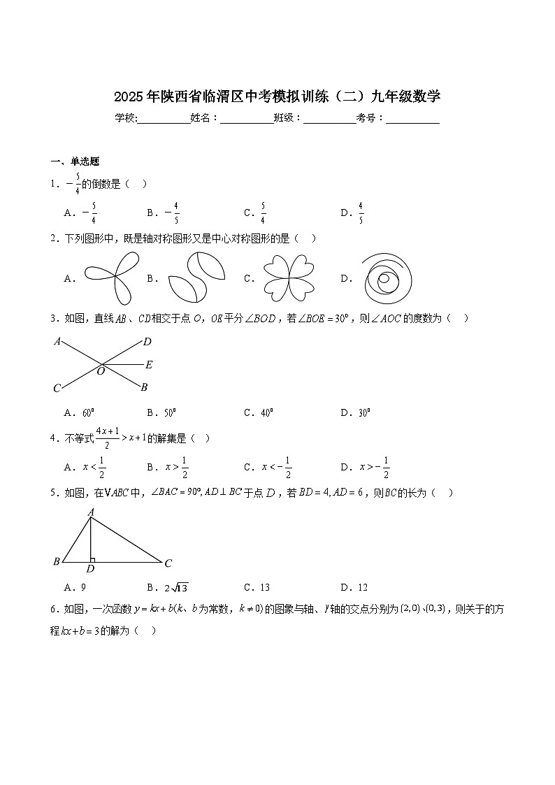 陕西省渭南市临渭区2025届九年级下学期中考二模数学试卷(含解析)第1页