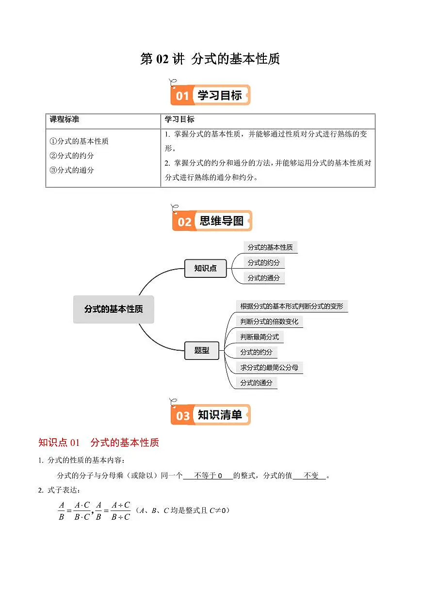 第02讲 分式的基本性质(3个知识点+6类热点题型讲练+习题巩固)(解析版)第1页
