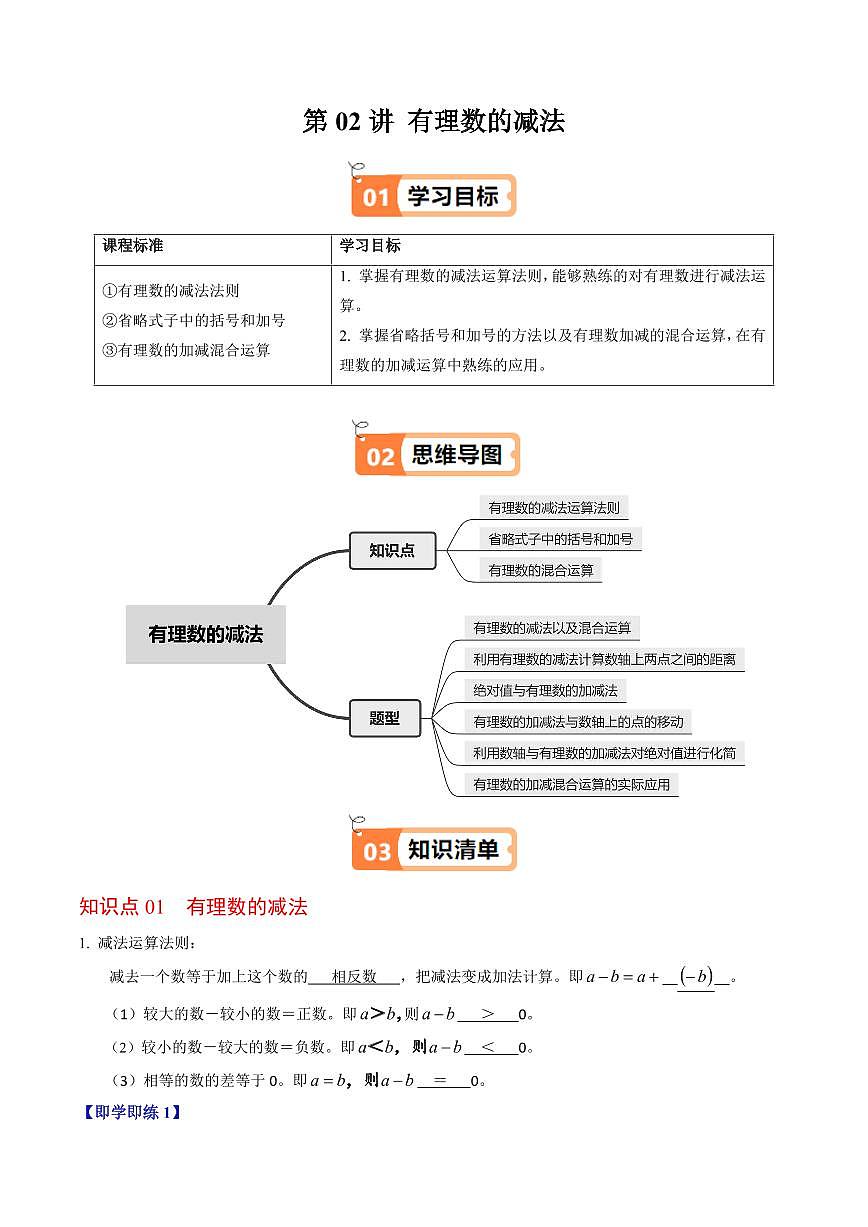 第02讲 有理数的减法(3个知识点+6类热点题型讲练+习题巩固)(解析版)第1页