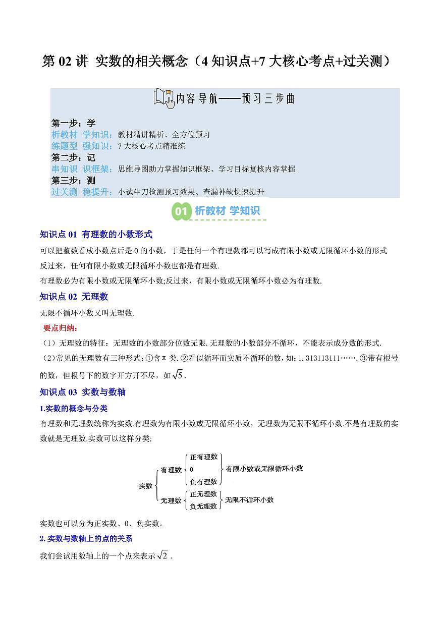 第02讲 实数的相关概念(4知识点+7大核心考点+过关测)解析版第1页