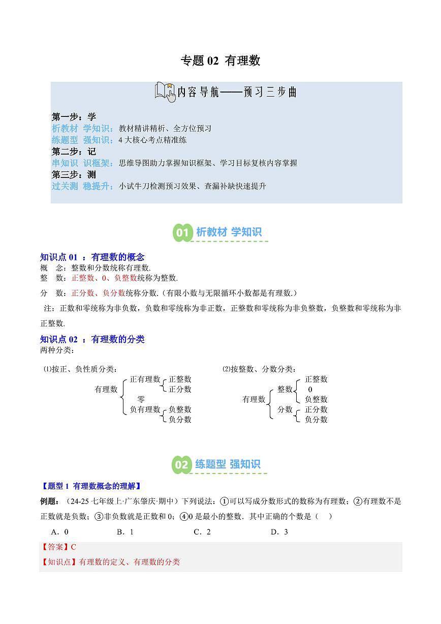 专题02 有理数(2知识点+4大题型+思维导图+过关测)(解析版)第1页