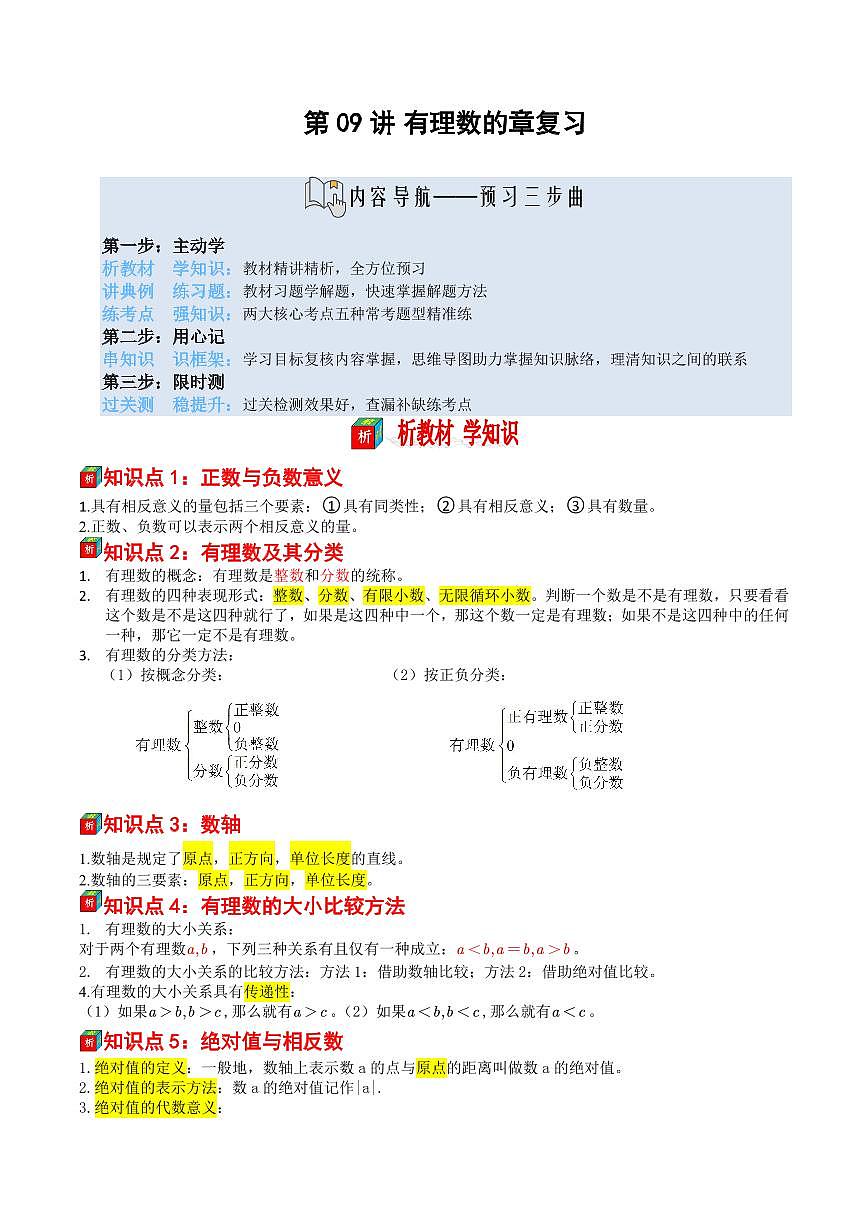 第09讲 有理数章复习——(暑假自学课)2025年新七年级数学暑假提升精品讲义(苏科版2024)(解析版)第1页