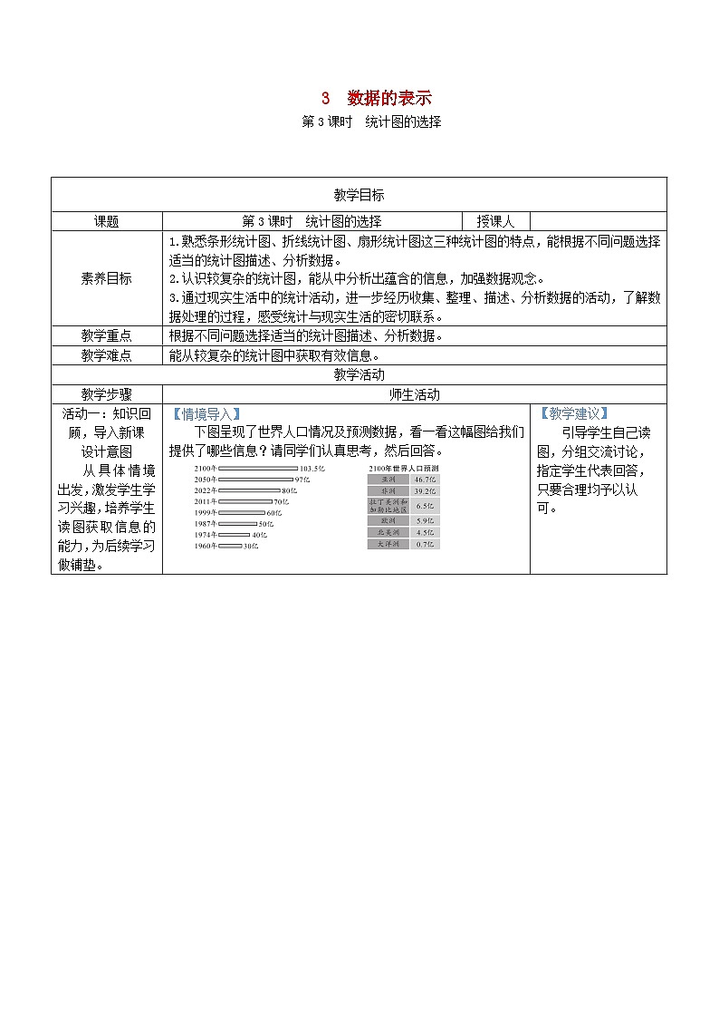 2025北师大版七年级数学上册第六章数据的收集与整理3数据的表示第3课时统计图的选择教案第1页