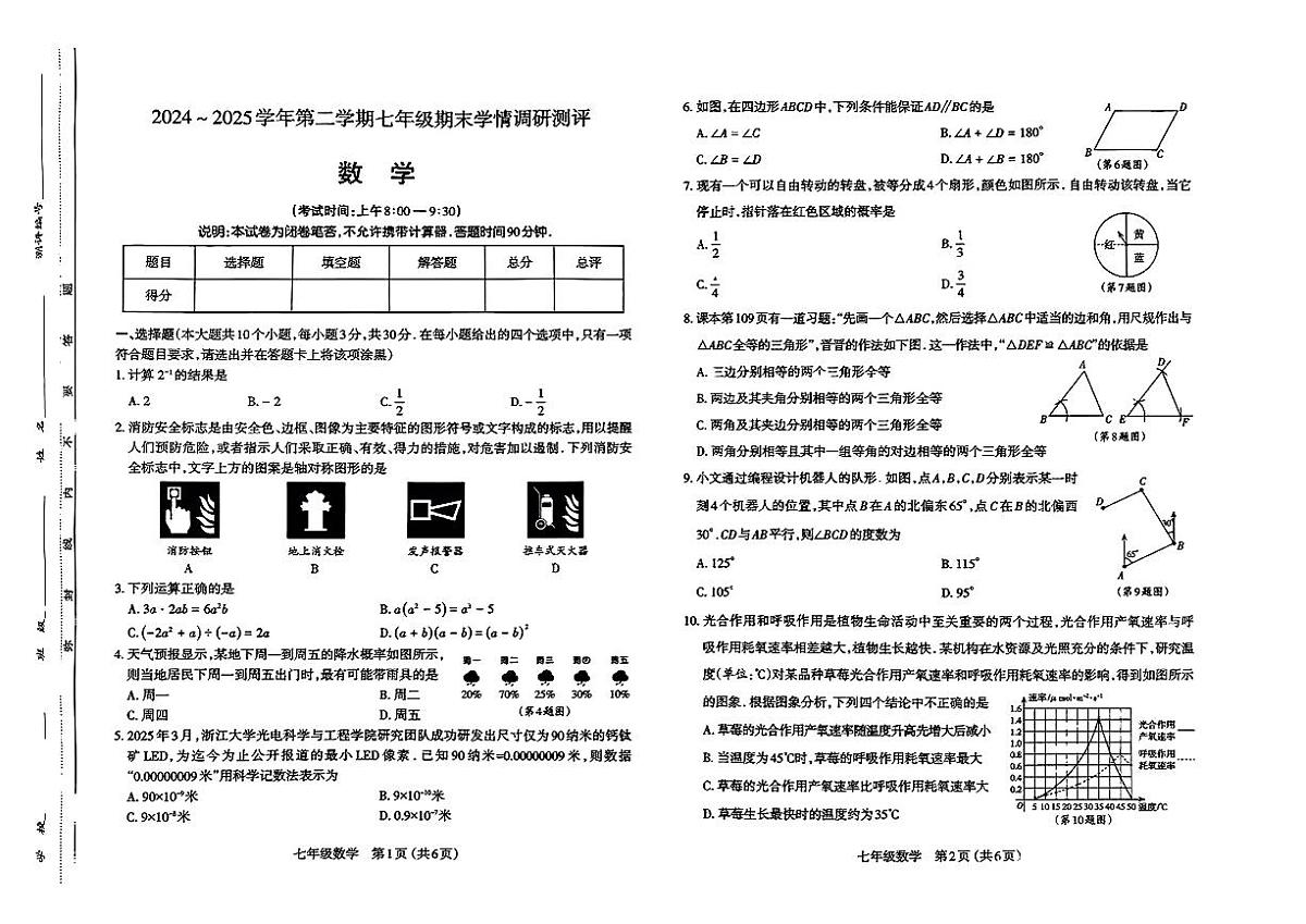 山西省太原市2024-2025学年七年级下数学期末试卷第1页