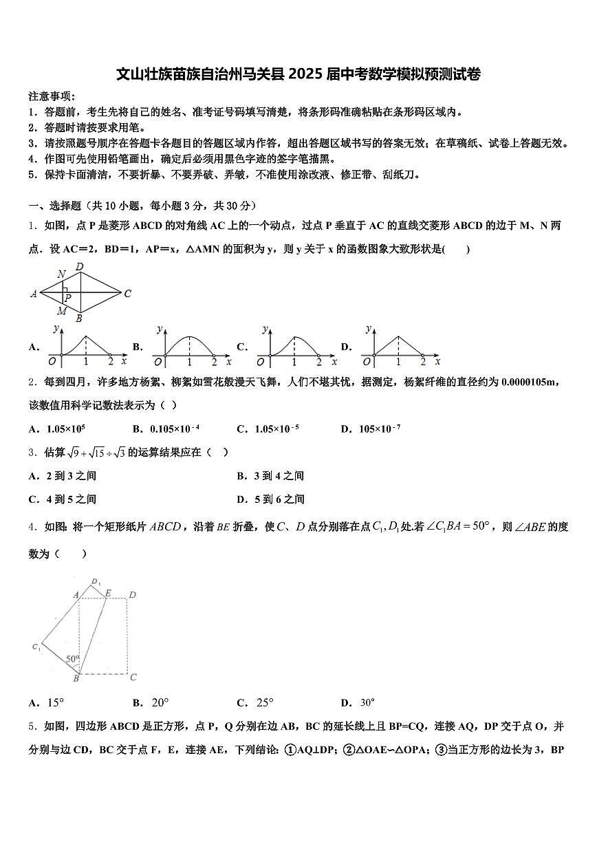 文山壮族苗族自治州马关县2025届中考数学模拟预测试卷含解析第1页