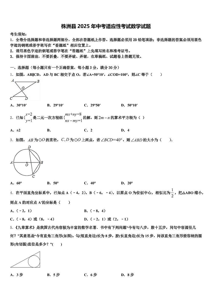 株洲县2025年中考适应性考试数学试题含解析第1页