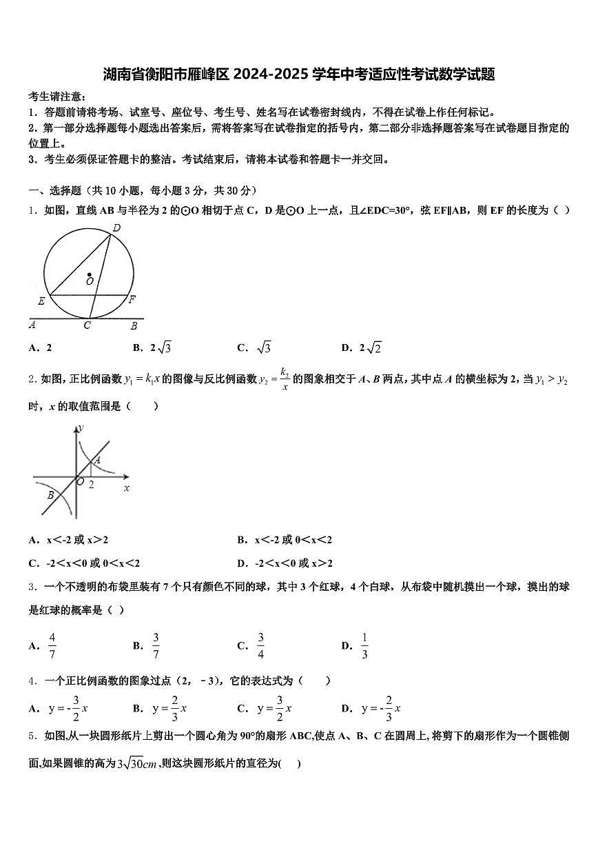 湖南省衡阳市雁峰区2024-2025学年中考适应性考试数学试题含解析第1页