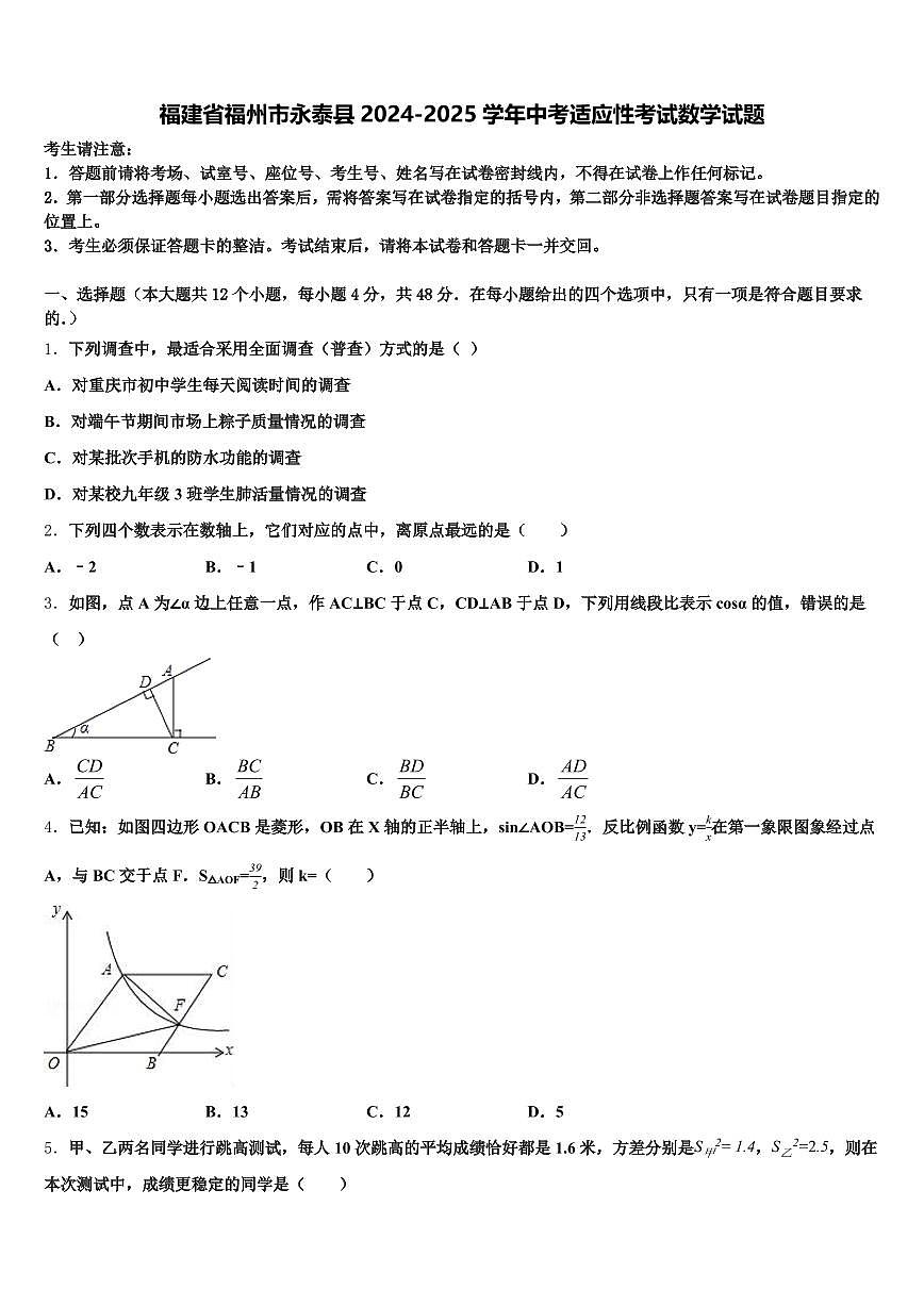 福建省福州市永泰县2024-2025学年中考适应性考试数学试题含解析第1页