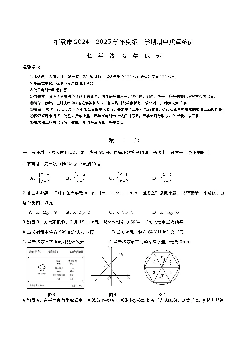 山东省烟台市栖霞市2024-2025学年七年级下学期4月期中考试数学试卷(含答案）第1页