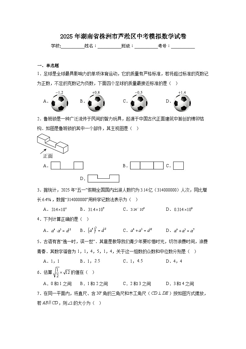 2025年湖南省株洲市芦淞区中考模拟数学试卷（附答案解析）第1页