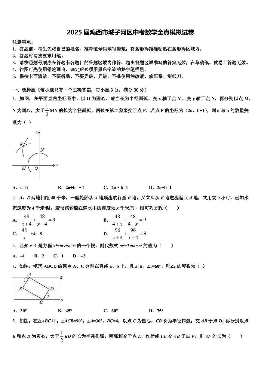 2025届鸡西市城子河区中考数学全真模拟试卷含解析第1页