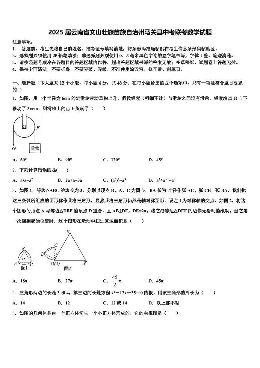 2025届云南省文山壮族苗族自治州马关县中考联考数学试题含解析第1页