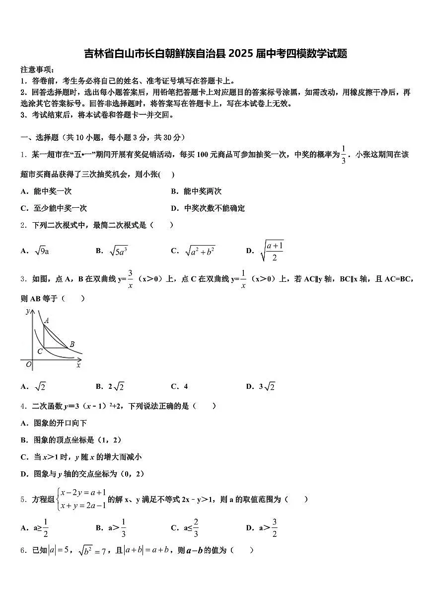 吉林省白山市长白朝鲜族自治县2025届中考四模数学试题含解析第1页