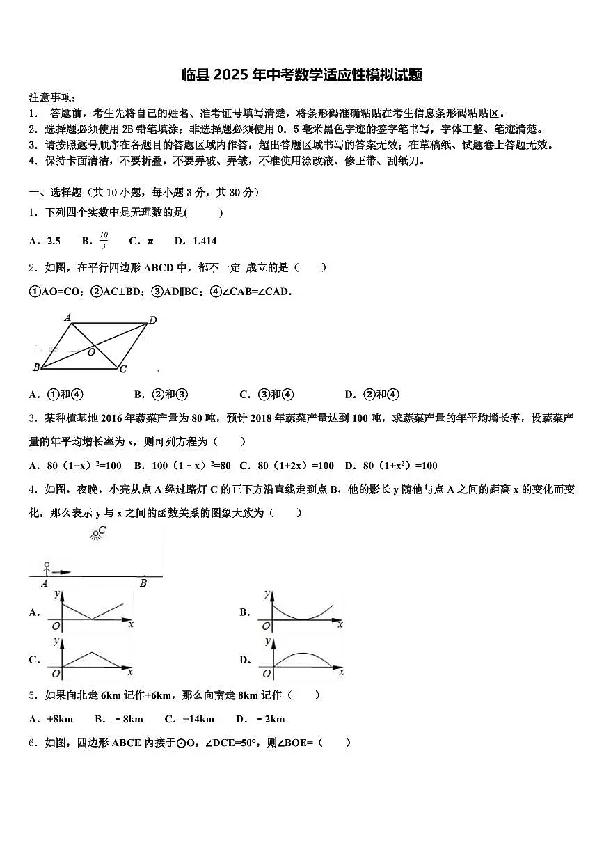 临县2025年中考数学适应性模拟试题含解析第1页