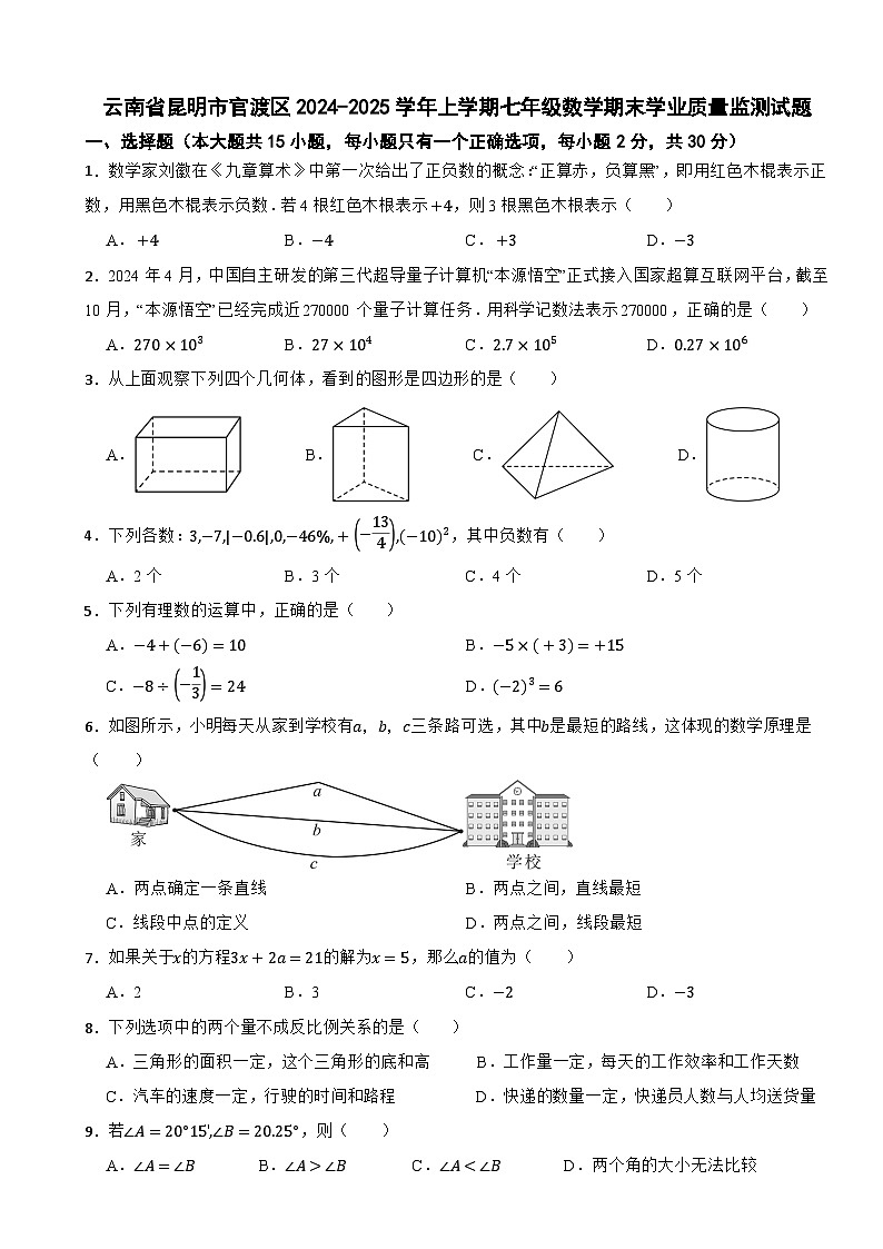 云南省昆明市官渡区2024-2025学年上学期七年级数学期末学业质量监测试题第1页