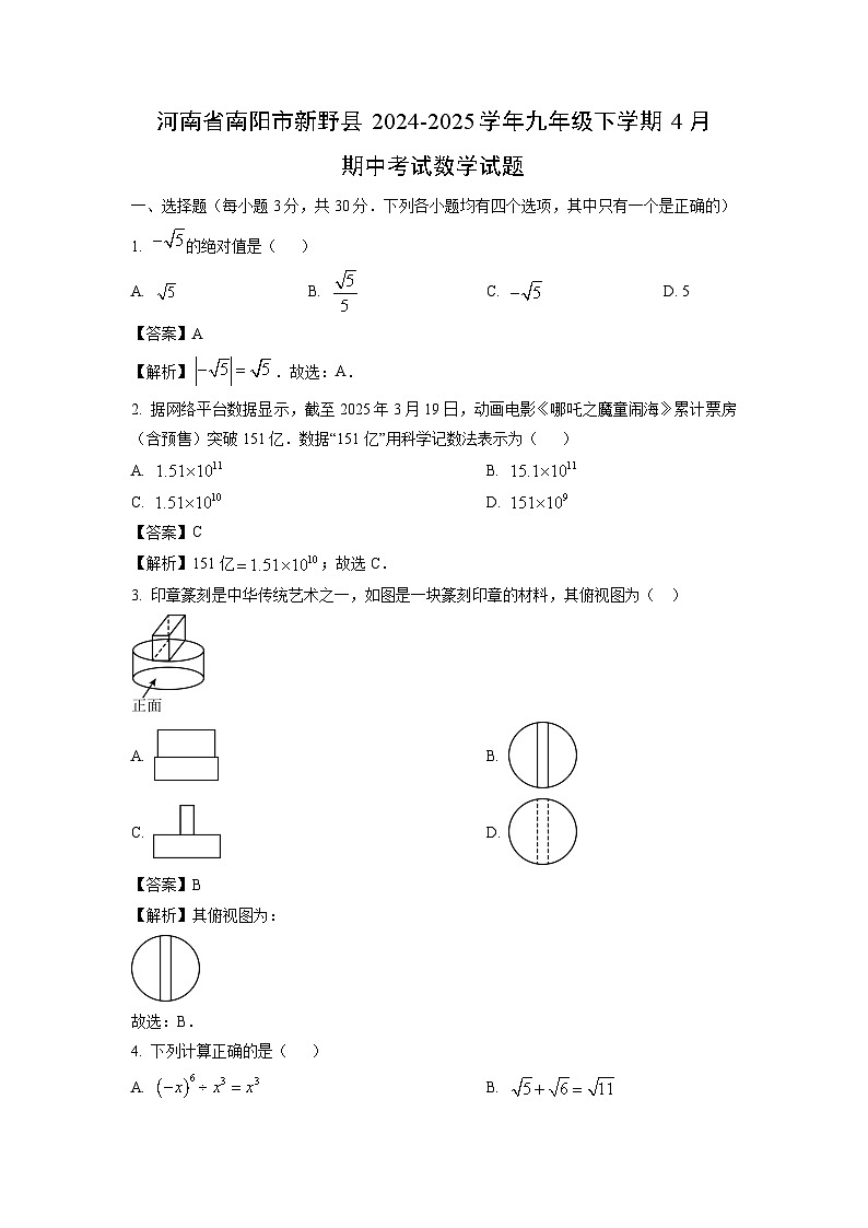 河南省南阳市新野县2024-2025学年九年级下学期4月期中考试数学试卷（解析版）第1页