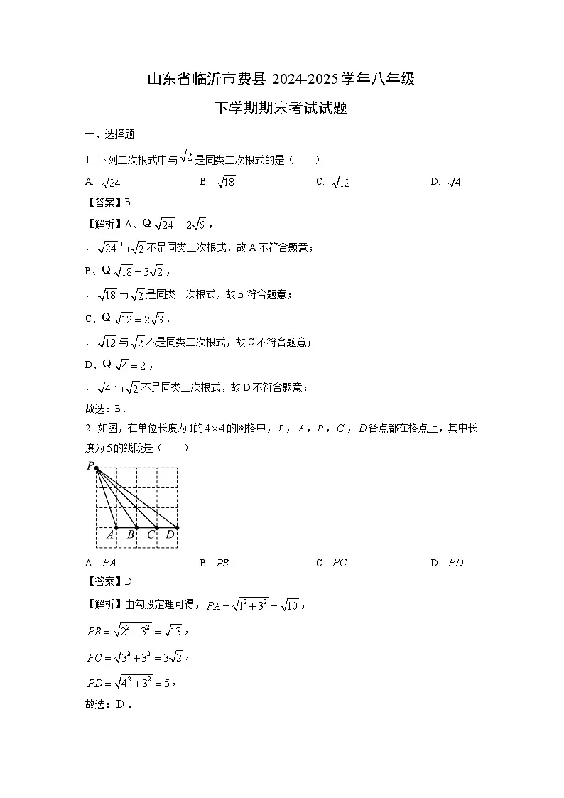 山东省临沂市费县2024-2025学年八年级下学期期末考试数学试卷（解析版）第1页