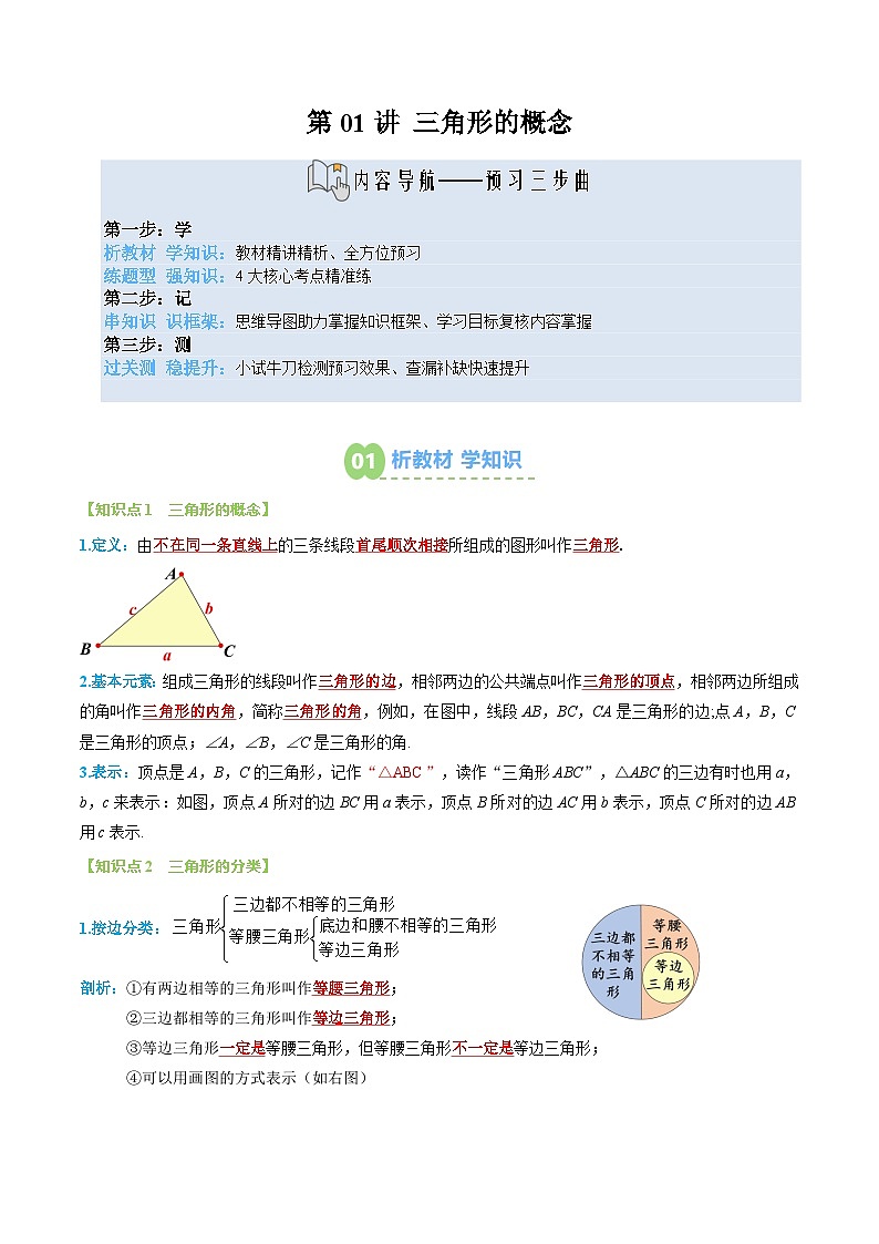 八年级人教版数学上册预习  第01讲 三角形的概念（2个知识点+4个题型+思维导图+过关测）（解析版）第1页