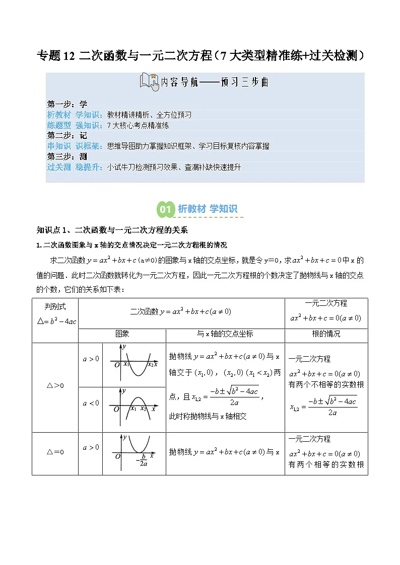九年级人教版数学上册预习 专题12二次函数与一元二次方程（7大类型精准练+过关检测）（解析版）第1页