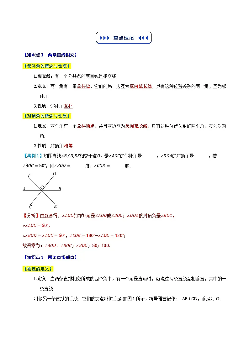 七年级人教版数学下册复习 专题01 相交线与平行线（8个知识点+7个核心考点+复习提升）（解析版）第2页