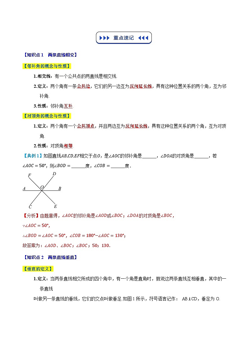 七年级人教版数学下册复习 专题01 相交线与平行线（8个知识点+7个核心考点+复习提升）（解析版）第2页