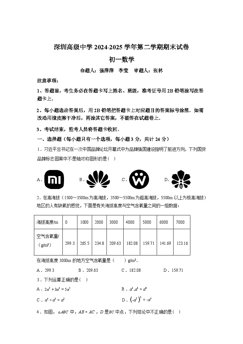 2024-2025学年广东省深圳市深圳高级中学[集团]七年级下学期期末数学检测试卷第1页