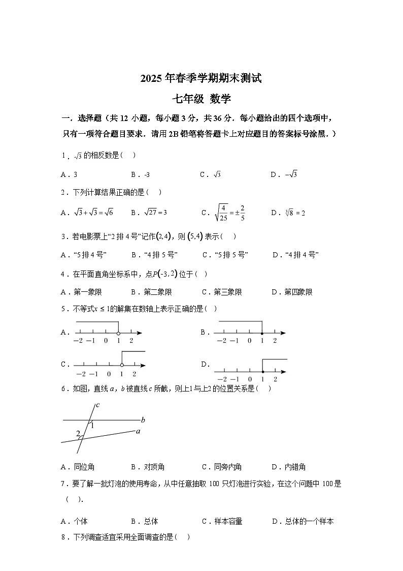 2024-2025学年广西壮族自治区河池市环江县七年级下学期期末数学检测试卷第1页