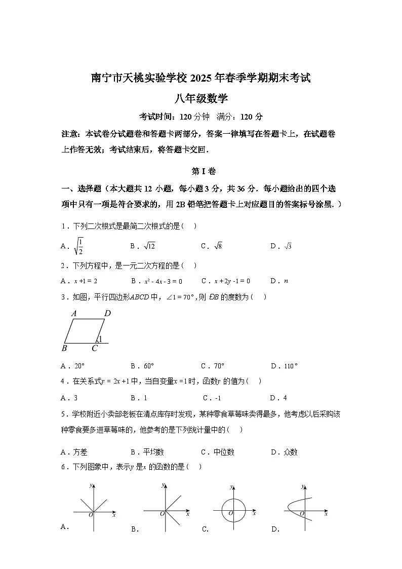 2024-2025学年广西壮族自治区南宁市天桃中学八年级下学期数学期末考试第1页
